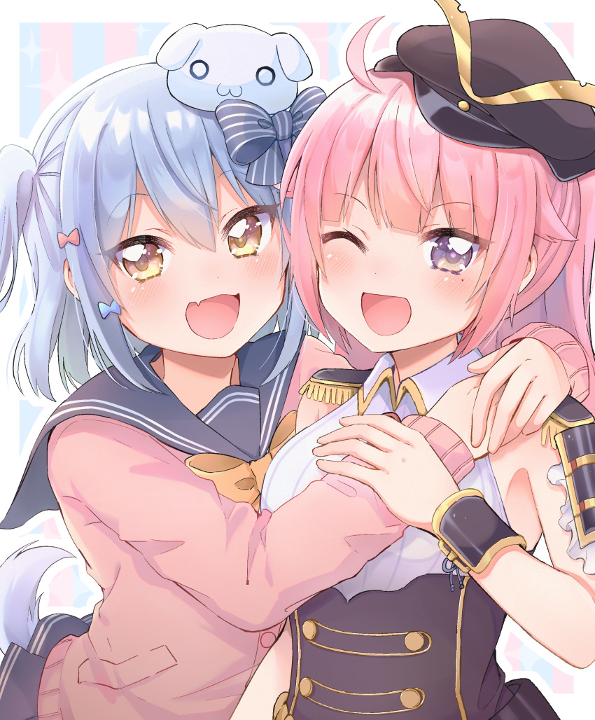 1boy, 1girl, :d, absurdres, ahoge, arm_around_shoulder, arm_on_shoulder, armor