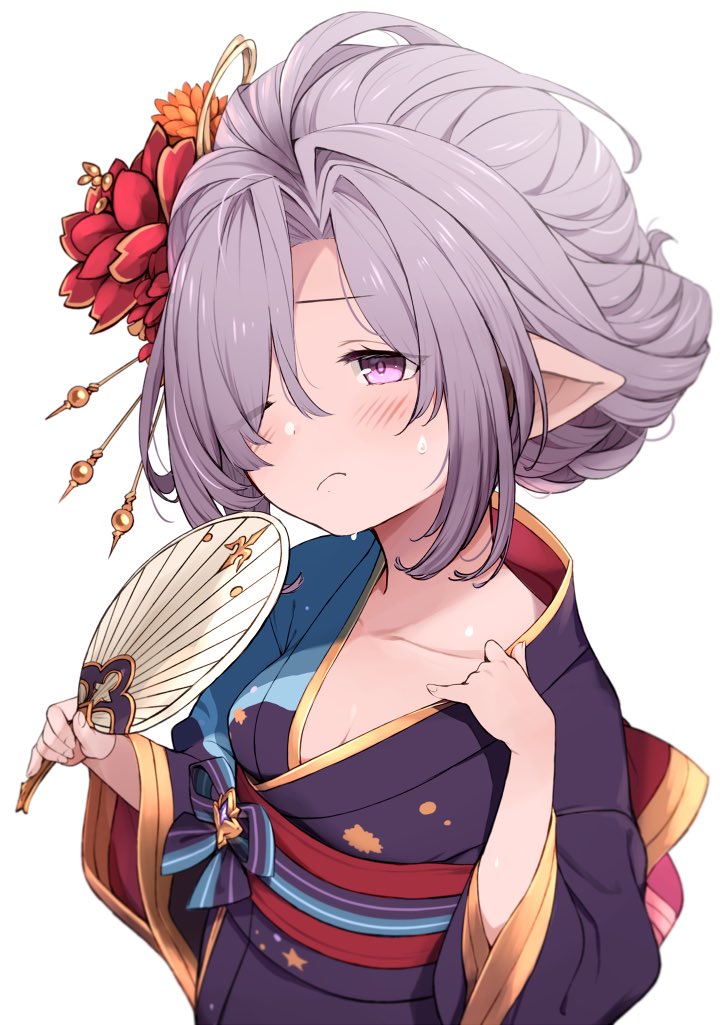 1girl, breasts, fan, feff672166, flower, granblue_fantasy, hair_flower, hair_ornament