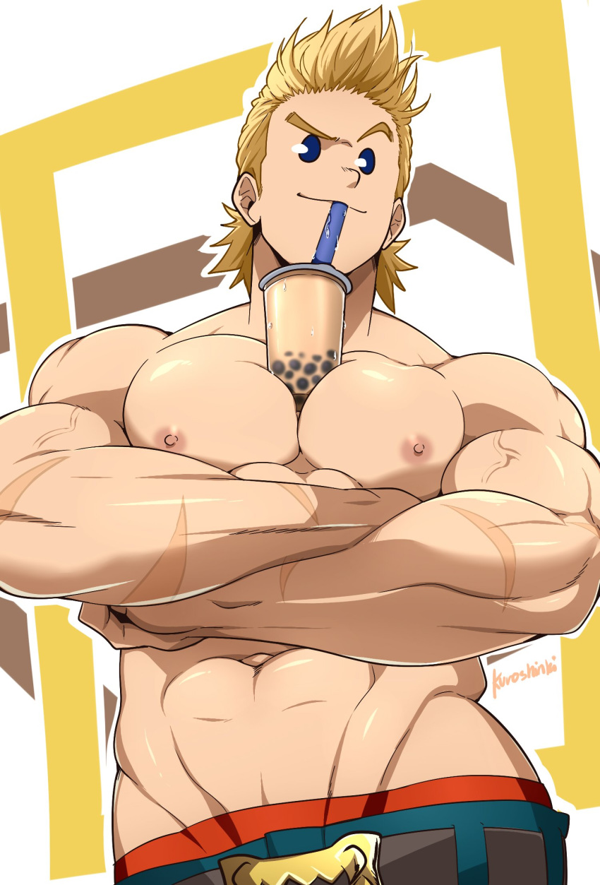 1boy, abs, bara, between_pecs, blonde_hair, blue_eyes, boku_no_hero_academia, bubble_tea_challenge
