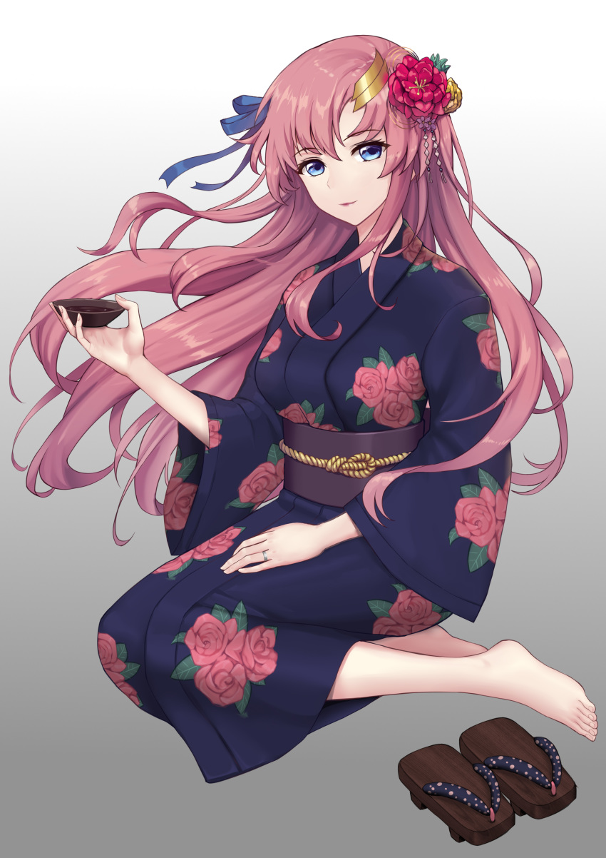 1girl, absurdres, alcohol, barefoot, blue_eyes, flower, footwear_removed, geta