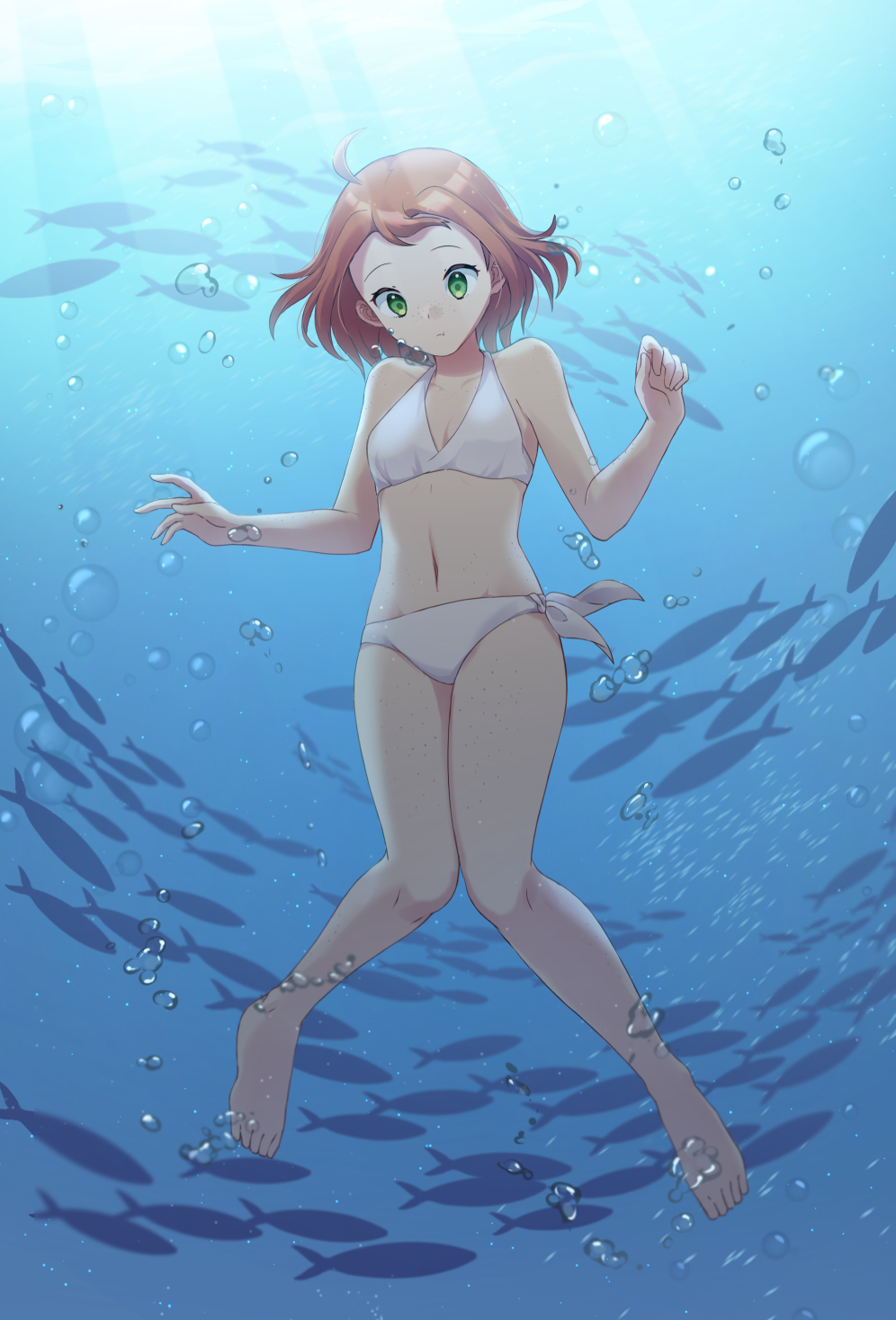 1girl, ahoge, air_bubble, bikini, brown_hair, bubble, crosscode, emilie-sophie_de_belmond, fish, freckles, full_body, green_eyes, highres, looking_down, short_hair, side-tie_bikini, solo, swimsuit, underwater, white_bikini, yuikannon