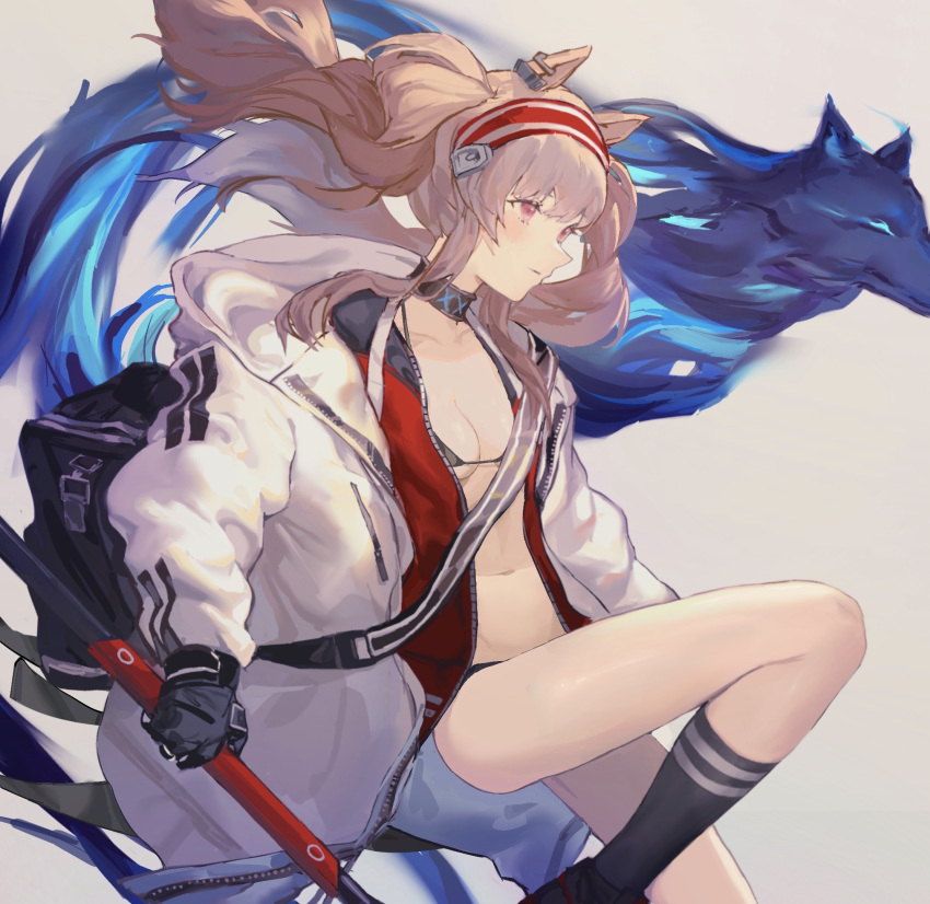 1girl, angelina_(arknights), animal_ears, arknights, bag, bangs, bikini, bikini_under_clothes