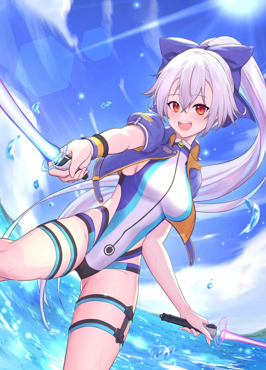 1girl, bangs, blue_bow, blue_jacket, blue_sky, blue_swimsuit, blush, bow