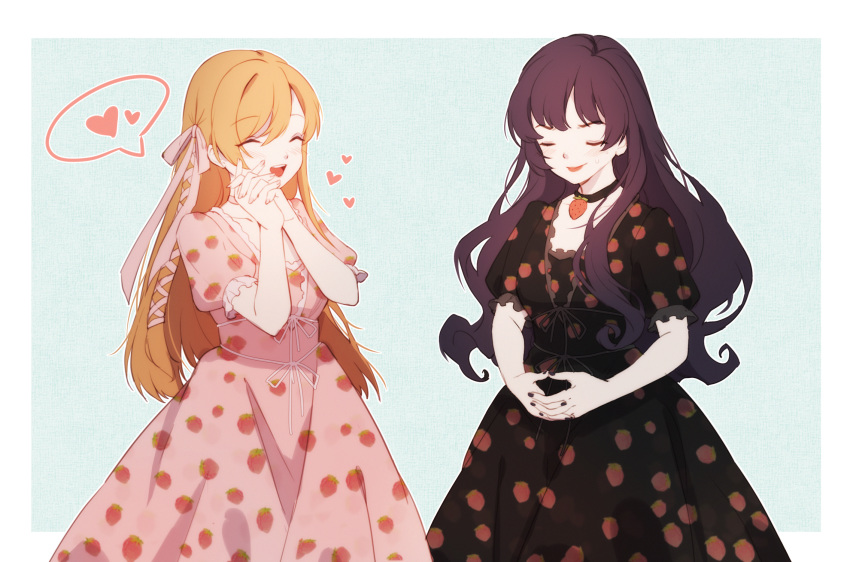 2girls, bangs, black_dress, black_hair, blush, border, choker, closed_eyes