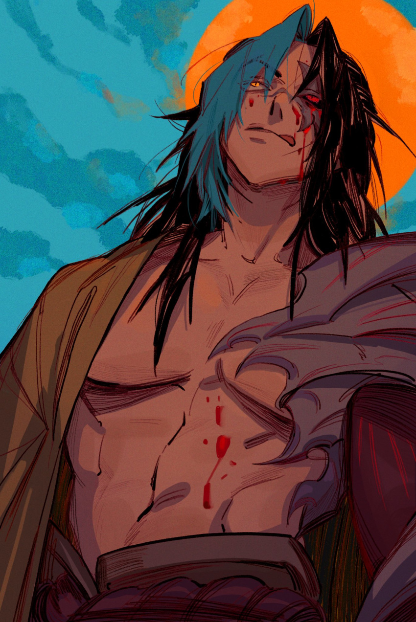1boy, bare_chest, belt, black_hair, black_sclera, blood, blood_on_face, blue_hair, blue_sky, closed_mouth, clouds, collarbone, contrast, highres, kayn, kayn_(league_of_legends), league_of_legends, licking, long_hair, male_focus, multicolored, multicolored_hair, navel, outdoors, red_eyes, rope_belt, sky, slit_pupils, solo, tongue, tongue_out, vixen_z6, yellow_eyes