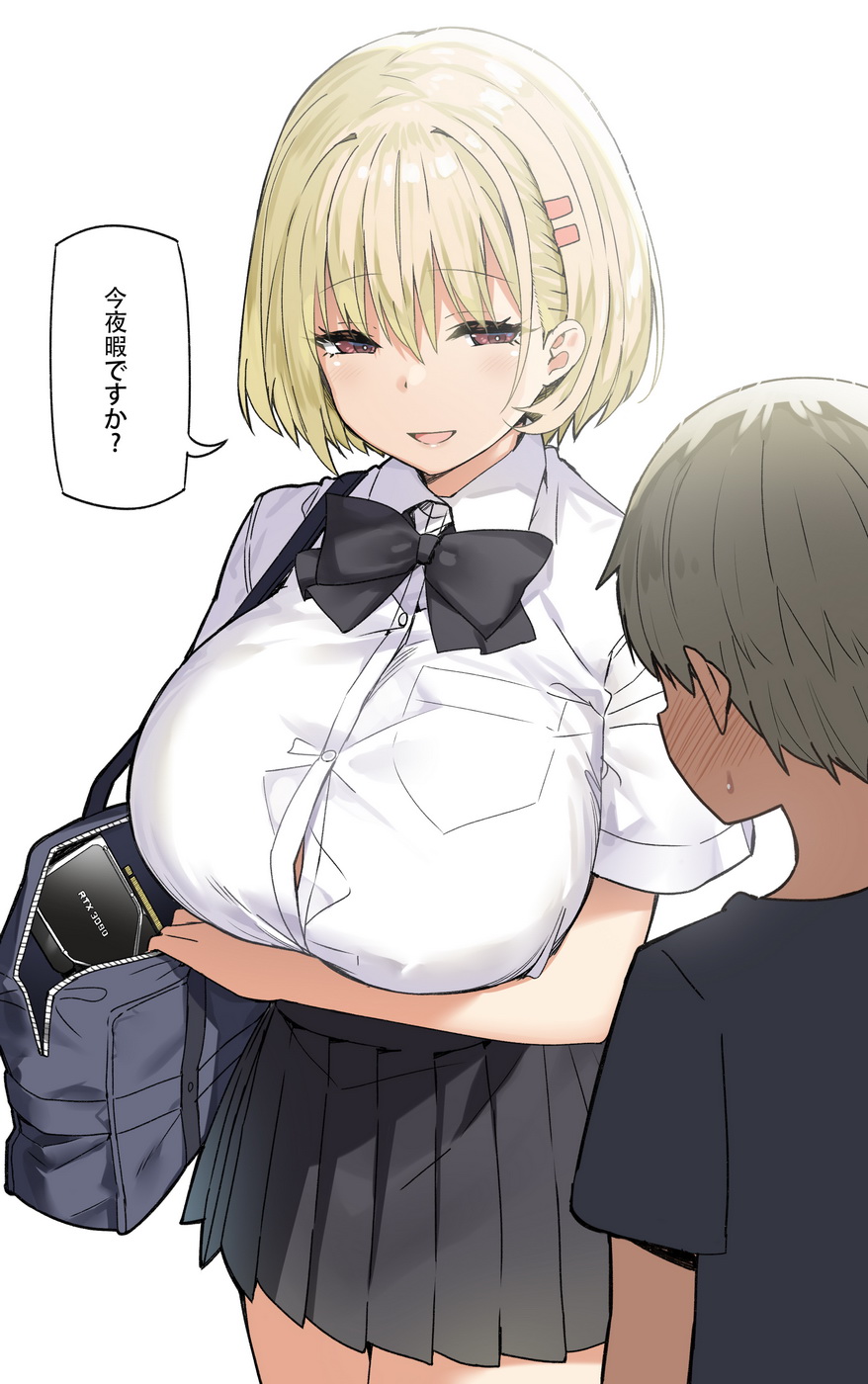 1boy, 1girl, bag, bangs, black_neckwear, blonde_hair, blush, breasts