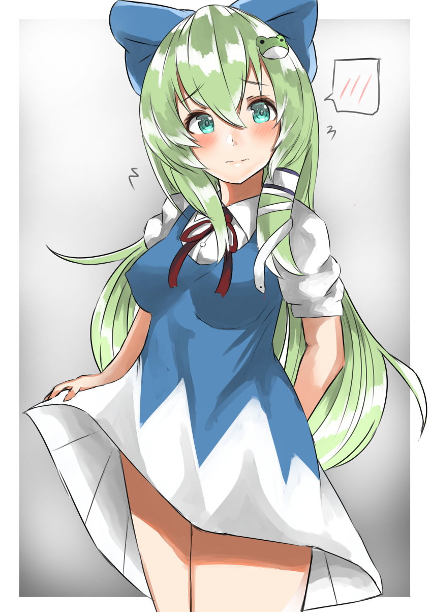 absurdres, arm_behind_back, blouse, blue_bow, blue_dress, bow, breasts, check_commentary