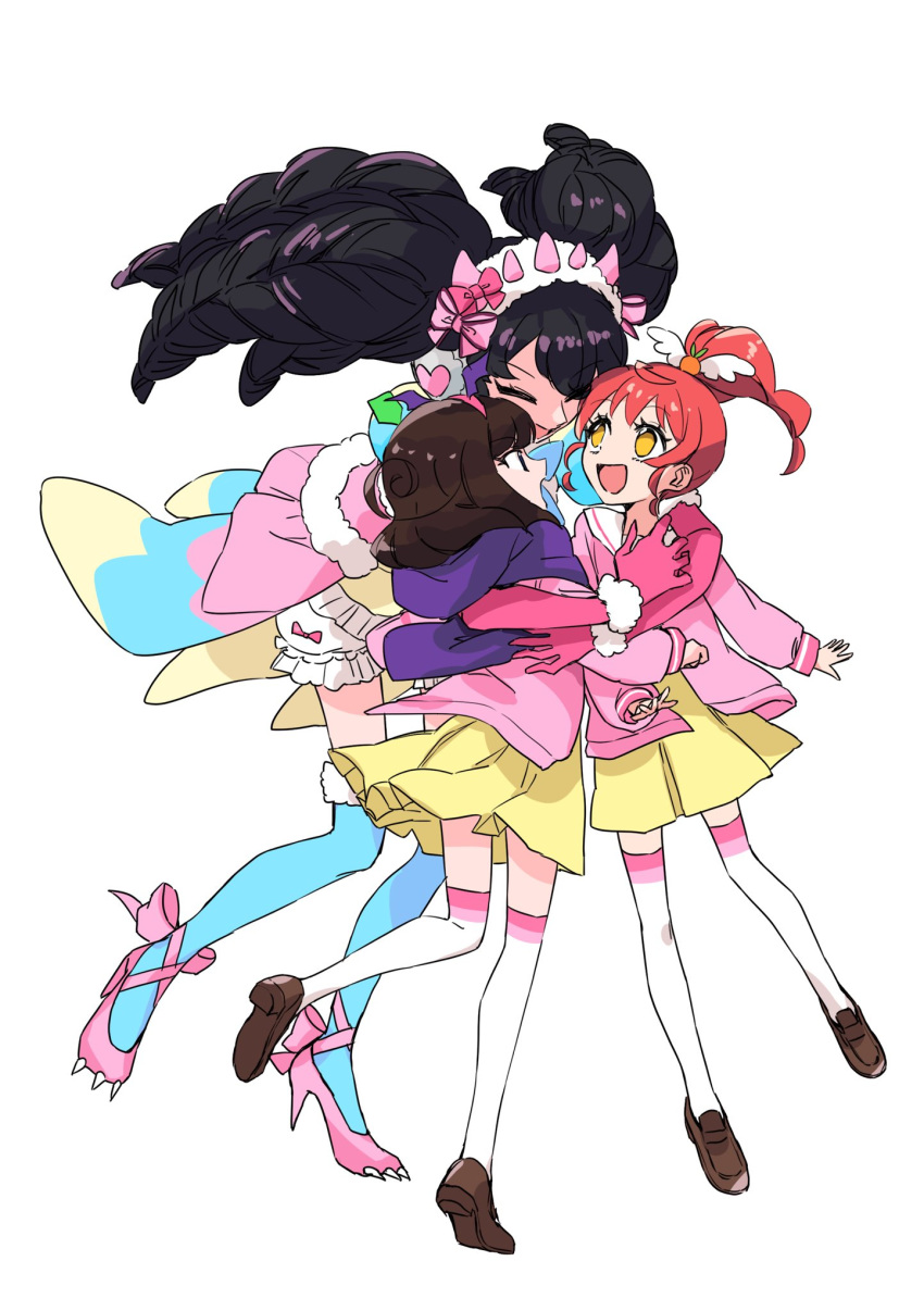 3girls, bangs, black_hair, bloomers, blue_eyes, blue_legwear, brown_hair, buntatta