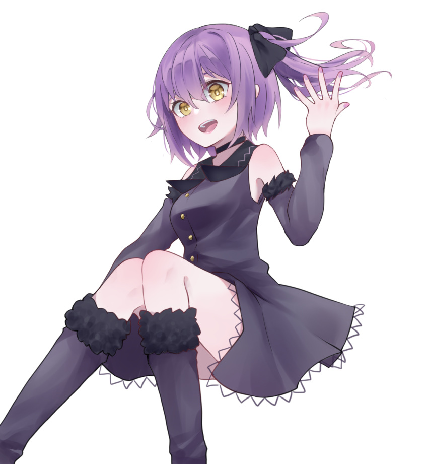 1girl, bangs, blush, boots, bow, demon_girl, detached_sleeves, dress