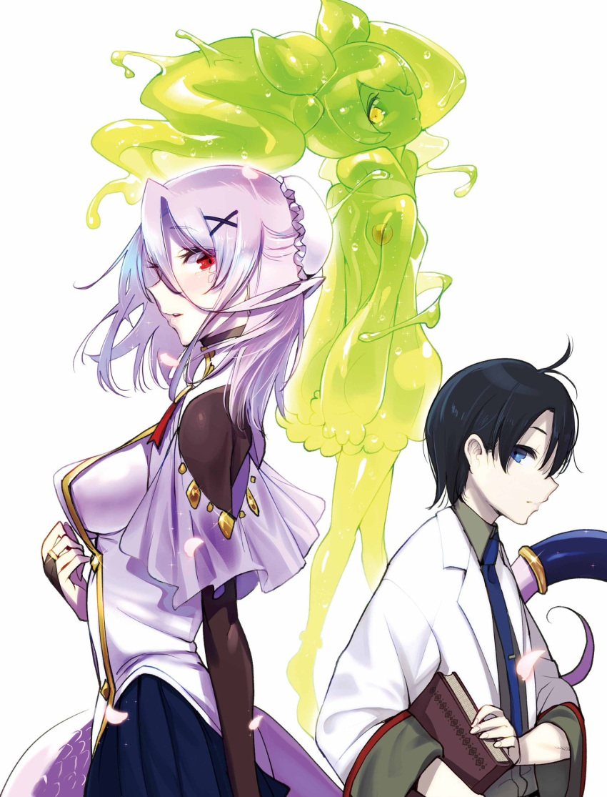 1boy, 2girls, ahoge, albino, black_hair, blue_eyes, book, breasts