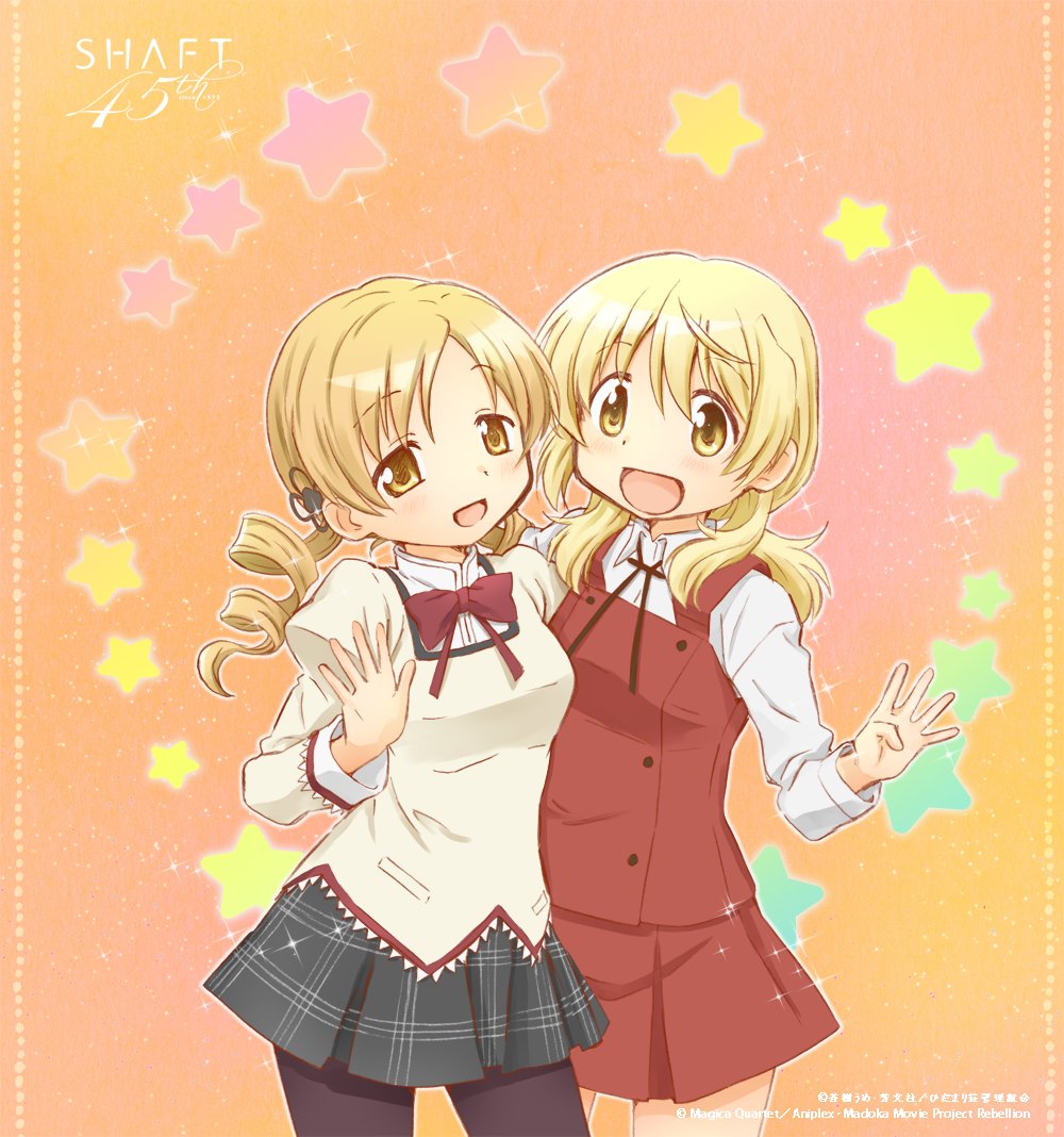 2girls, artist_request, black_legwear, black_skirt, blonde_hair, bow, bowtie, commentary_request, company_connection, cowboy_shot, creator_connection, crossover, dress, drill_hair, hair_ornament, hairpin, hidamari_sketch, long_hair, low_twintails, mahou_shoujo_madoka_magica, mitakihara_school_uniform, miyako, multiple_girls, orange_background, pantyhose, pinafore_dress, plaid, plaid_skirt, pleated_dress, pleated_skirt, red_dress, red_neckwear, school_uniform, shaft, skirt, starry_background, tomoe_mami, twin_drills, twintails, yamabuki_school_uniform, yellow_eyes