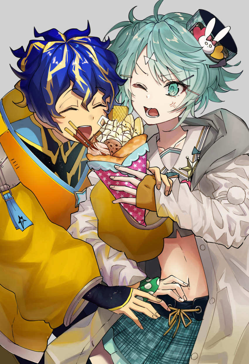 2boys, ^_^, ^o^, absurdres, anger_vein, astel_leda, blonde_hair, blue_hair