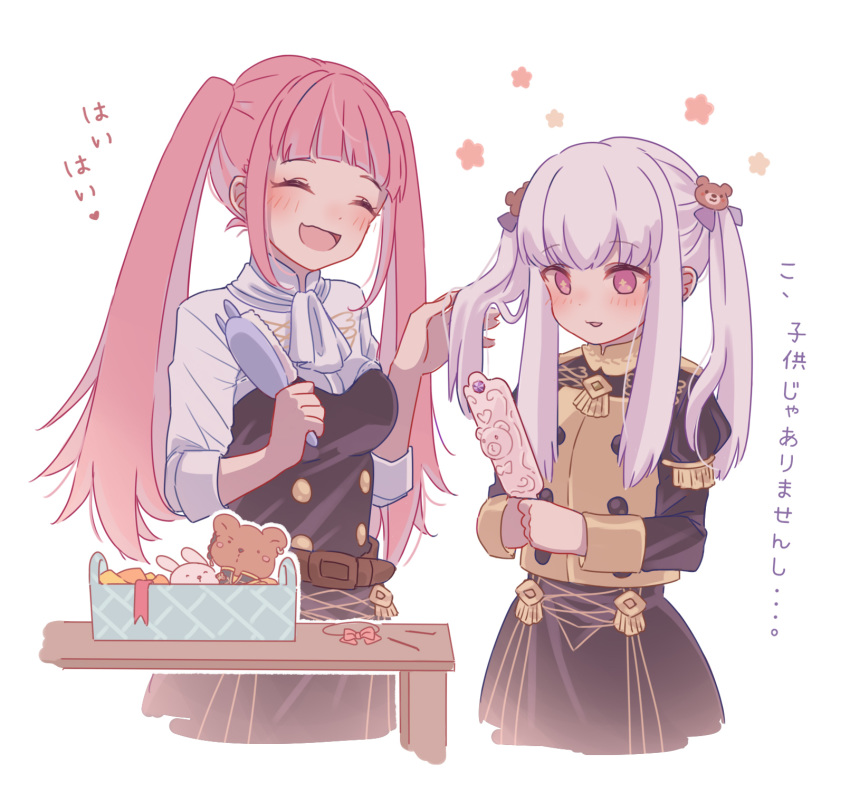 2girls, alternate_hairstyle, belt, bow, closed_eyes, cony_lotte, fire_emblem, fire_emblem:_three_houses, garreg_mach_monastery_uniform, hair_brush, highres, hilda_valentine_goneril, holding, long_hair, long_sleeves, lysithea_von_ordelia, multiple_girls, open_mouth, pink_eyes, pink_hair, simple_background, table, twintails, uniform, white_background, white_hair