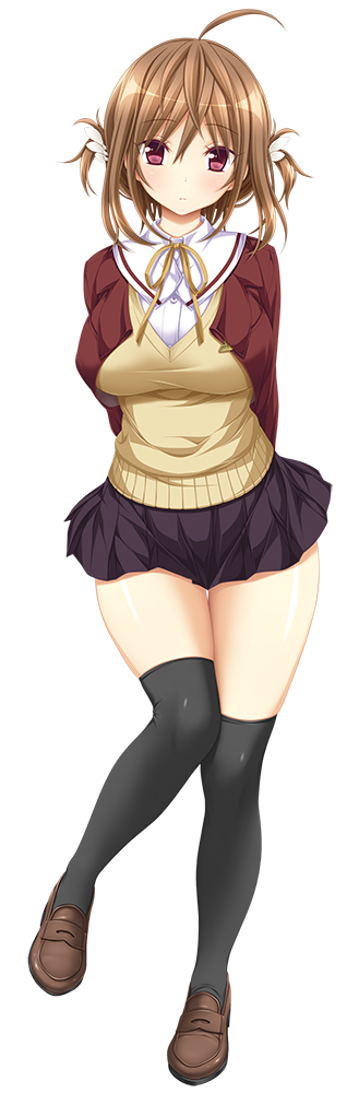 1girl, ahoge, arms_behind_back, black_legwear, black_skirt, breasts, brown_footwear, brown_hair