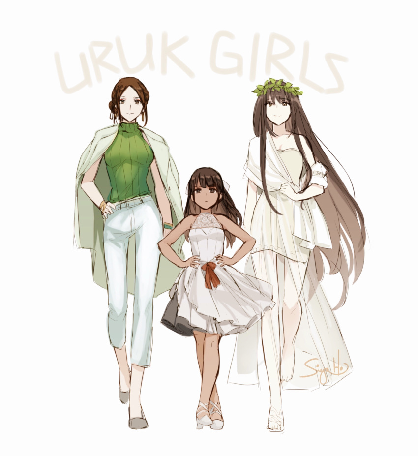 3girls, bracelet, breasts, brown_eyes, brown_hair, cape, collarbone, dark_skin, dress, earrings, fate/grand_order, fate/strange_fake, fate_(series), green_sweater, hair_ribbon, hands_on_hips, highres, jewelry, long_hair, looking_at_viewer, medium_breasts, multiple_girls, pants, ribbed_sweater, ribbon, shamhat, short_dress, short_hair, siduri_(fate/grand_order), simple_background, single_bare_shoulder, siya_ho, sketch, sleeveless, sleeveless_dress, sleeveless_sweater, smile, sweater, teene_cherke, turtleneck, turtleneck_sweater, very_long_hair, white_background, white_cape, white_dress, white_pants, white_ribbon