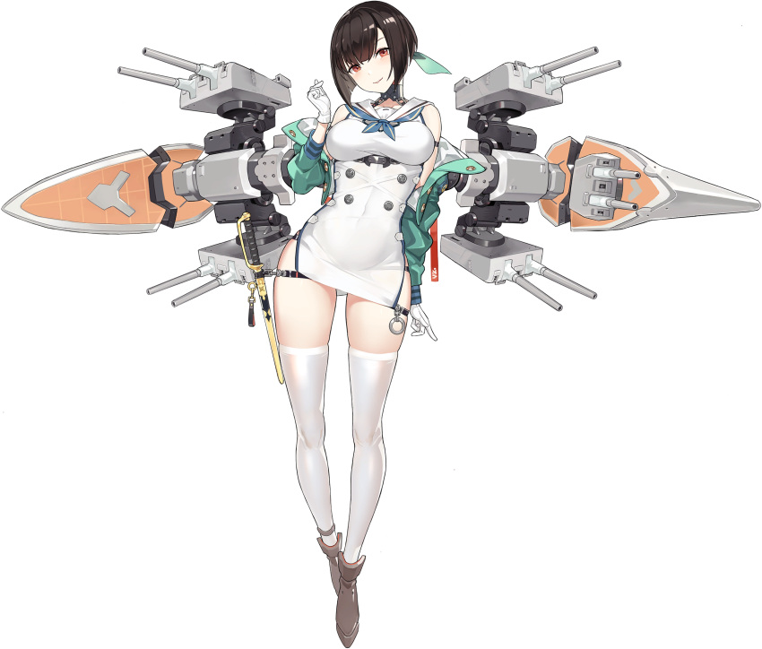 1girl, artist_request, bangs, black_hair, blue_neckwear, blue_oath, boots, breasts