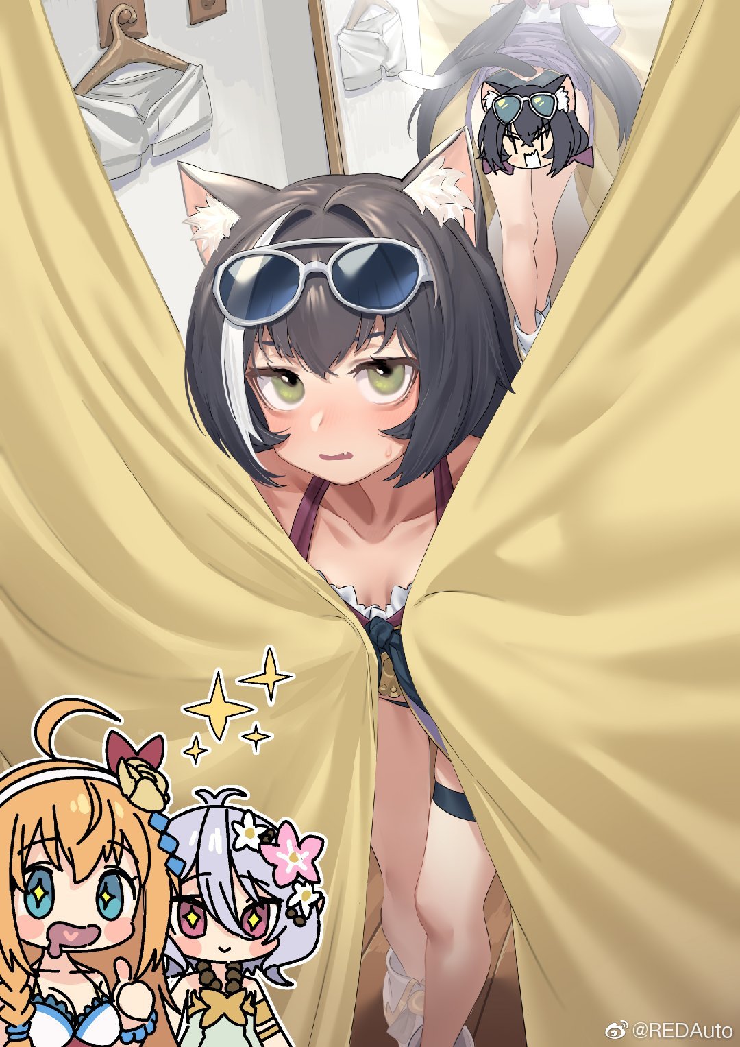 3girls, animal_ear_fluff, animal_ears, bikini, black_hair, boots, breasts, cat_ears