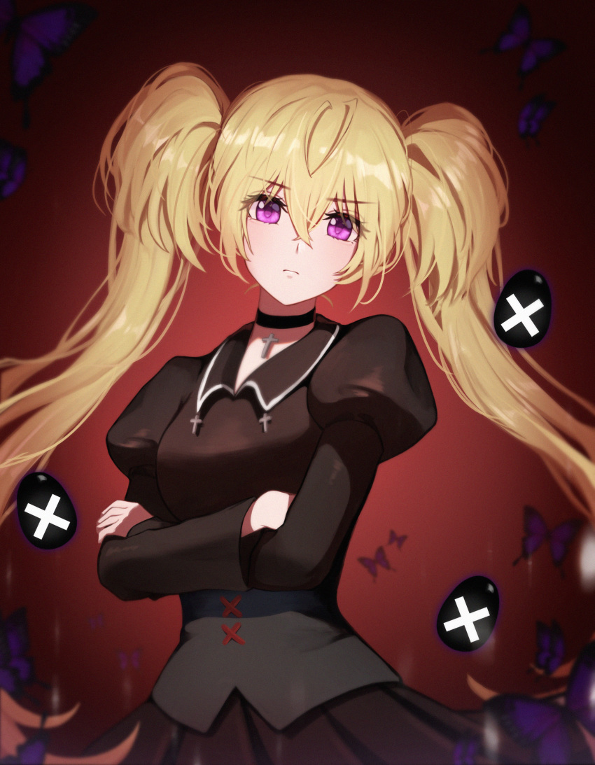 1girl, absurdres, bangs, black_skirt, blonde_hair, blurry, breasts, bug