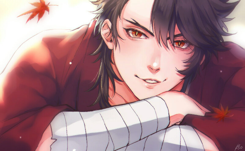 1boy, arm_wrap, autumn_leaves, brown_hair, crossed_arms, flipped_hair, forked_eyebrows, head_rest