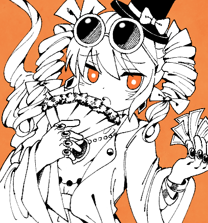 1girl, bills, bow, diamond_earrings, drill_hair, earrings, eyebrows_visible_through_hair, eyewear_on_head