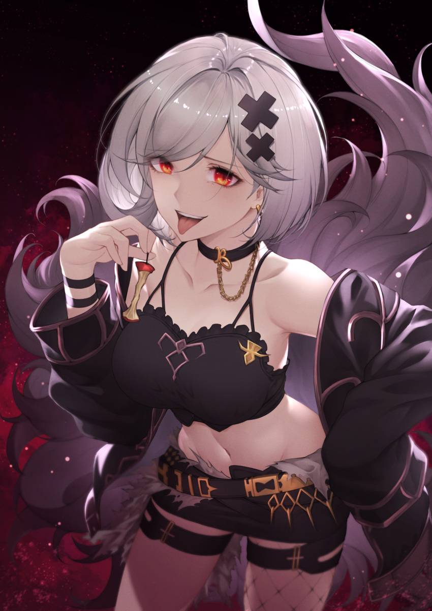 1girl, :d, absurdres, alter_ego_malevolent_(granblue_fantasy), armpits, bare_shoulders, belt, black_choker