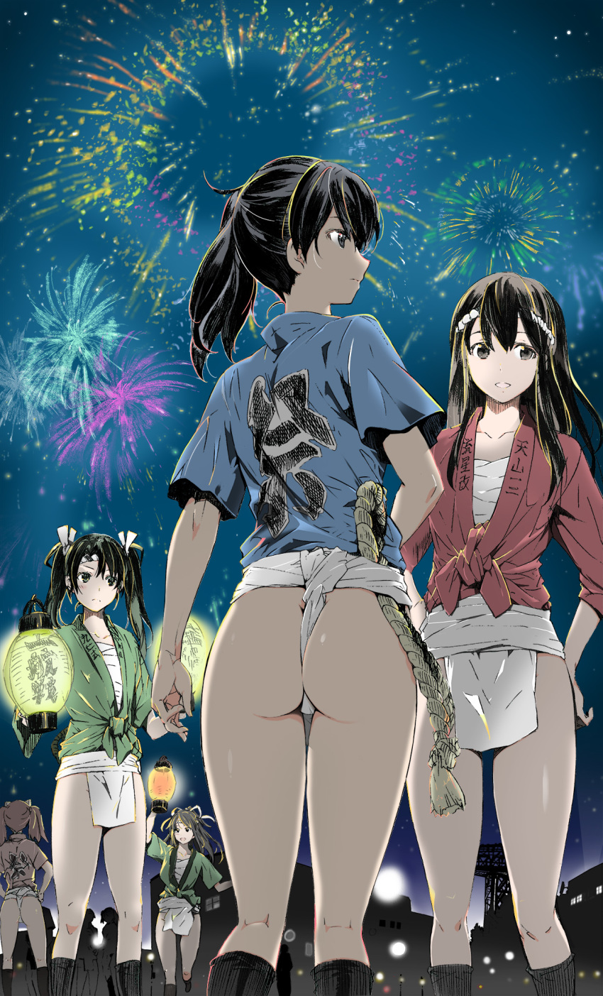 6+girls, akagi_(kantai_collection), ass, black_hair, black_legwear, commentary_request, ecchuu_fundoshi, feet_out_of_frame, fireworks, fundoshi, hachimaki, happi, headband, highres, japanese_clothes, kaga_(kantai_collection), kantai_collection, katsuragi_(kantai_collection), kneehighs, lantern, long_hair, multiple_girls, nejiri_hachimaki, night, outdoors, ponytail, rope, ryuujou_(kantai_collection), sarashi, side_ponytail, standing, twintails, yamakasa, yoshinaga_yunosuke, zuikaku_(kantai_collection)