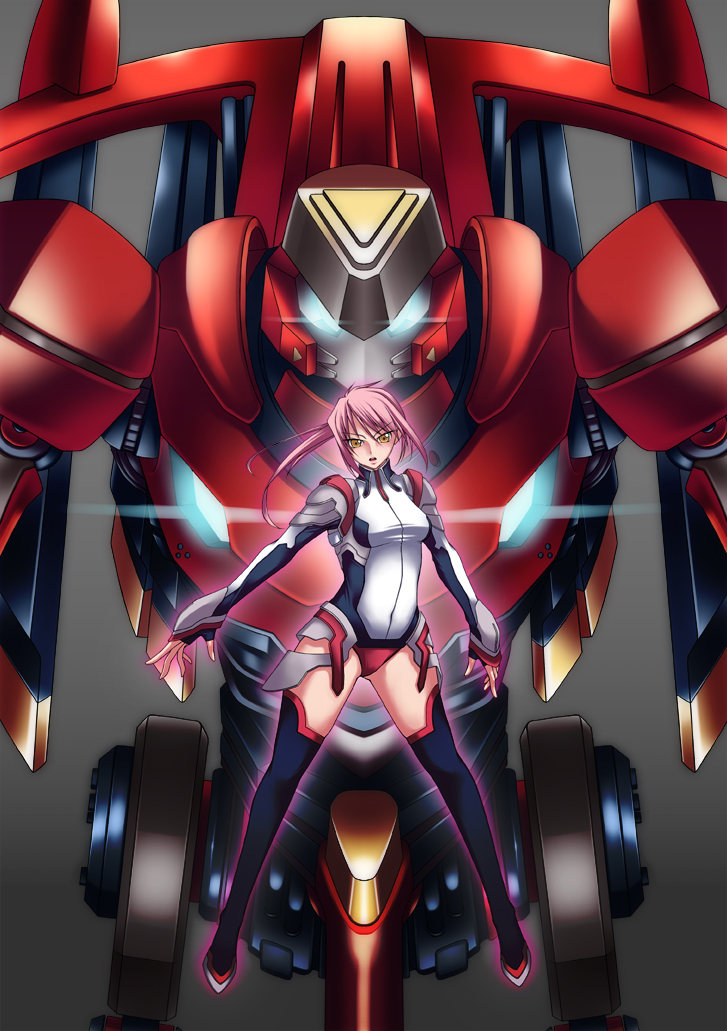 1girl, baldr_sky, black_legwear, breasts, brown_eyes, gradient, gradient_background, grey_background, looking_at_viewer, mecha, medium_breasts, nagisa_chinatsu, pink_hair, puru_(manatsu), simple_background, standing, thigh-highs