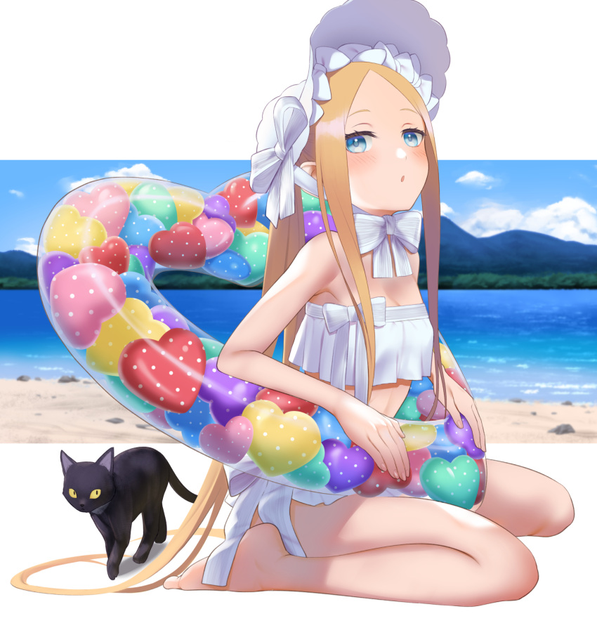 1girl, abigail_williams_(fate/grand_order), abigail_williams_(swimsuit_foreigner)_(fate), bangs, bare_shoulders, beach, bikini, black_cat