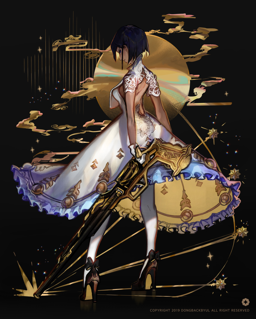 1girl, ankle_ribbon, backless_dress, backless_outfit, black_background, black_bow, black_footwear, black_hair, bob_cut, bow, breasts, clouds, dongbackbyul, dress, frilled_dress, frills, from_behind, full_body, full_moon, gun, hair_strand, high_heels, highres, holding, holding_gun, holding_weapon, lace, lace_sleeves, medium_breasts, moon, original, pantyhose, profile, ribbon, rifle, shoe_soles, short_hair, short_sleeves, solo, sparkle, weapon, white_dress, white_legwear