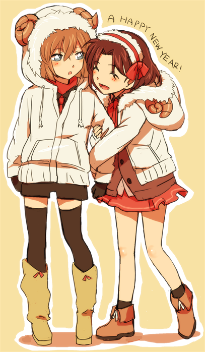 2girls, :d, :o, ankle_boots, arm_holding, arm_hug, bangs, black_gloves