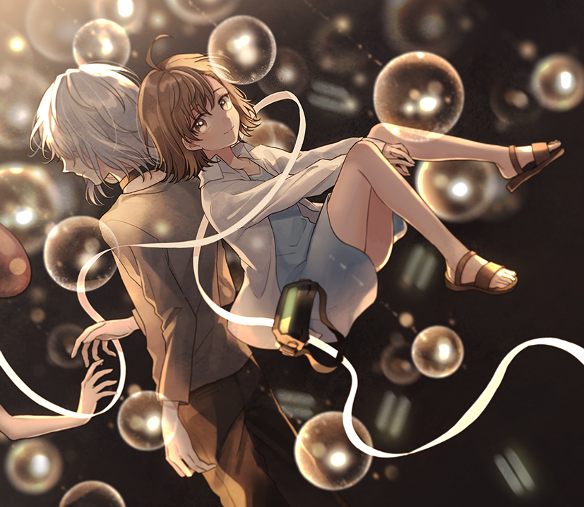1boy, 1girl, accelerator, ahoge, back-to-back, bangs, between_legs, black_choker
