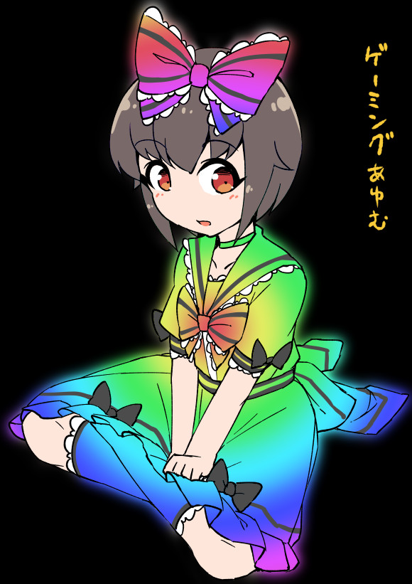 1boy, black_ribbon, brown_hair, dress, fun_bo, glow-in-the-dark, glowing, multicolored, multicolored_clothes, multicolored_ribbon, original, red_eyes, ribbon, skirt, translation_request
