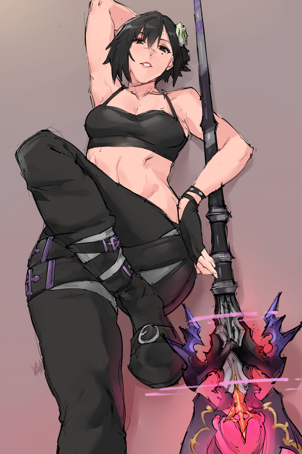 1girl, black_eyes, black_hair, commission, crop_top, dragoon_(final_fantasy), facial_scar, final_fantasy