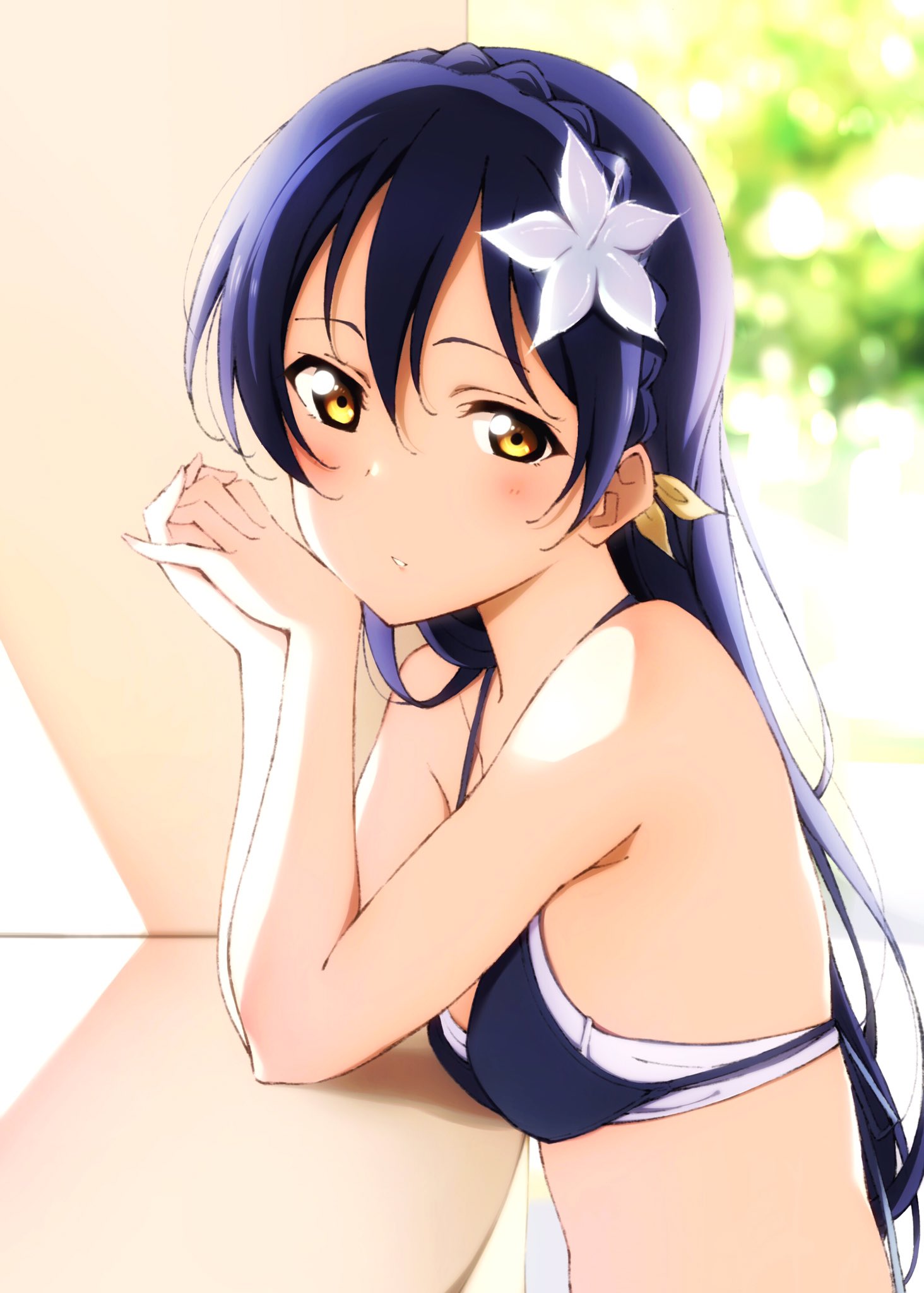 1girl, bangs, bikini, blue_bikini, blue_hair, blush, braid, crown_braid