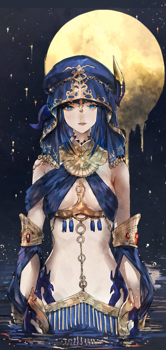 1girl, astrologian_(final_fantasy), au_ra, bare_shoulders, blue_eyes, blue_hair, blue_headwear, closed_mouth