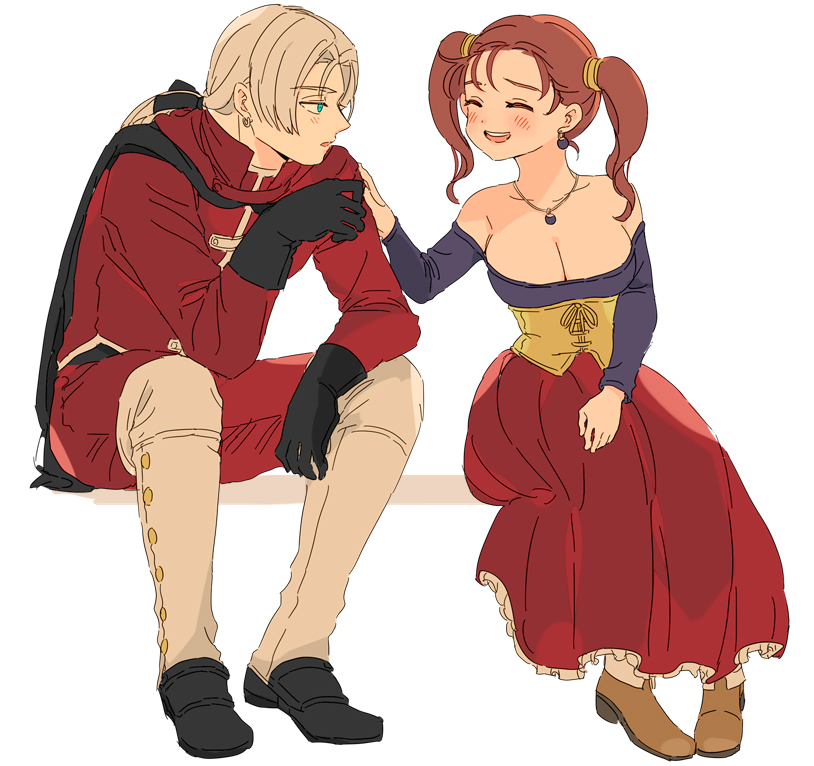 1boy, 1girl, bare_shoulders, blush, brown_eyes, brown_hair, corset, dragon_quest