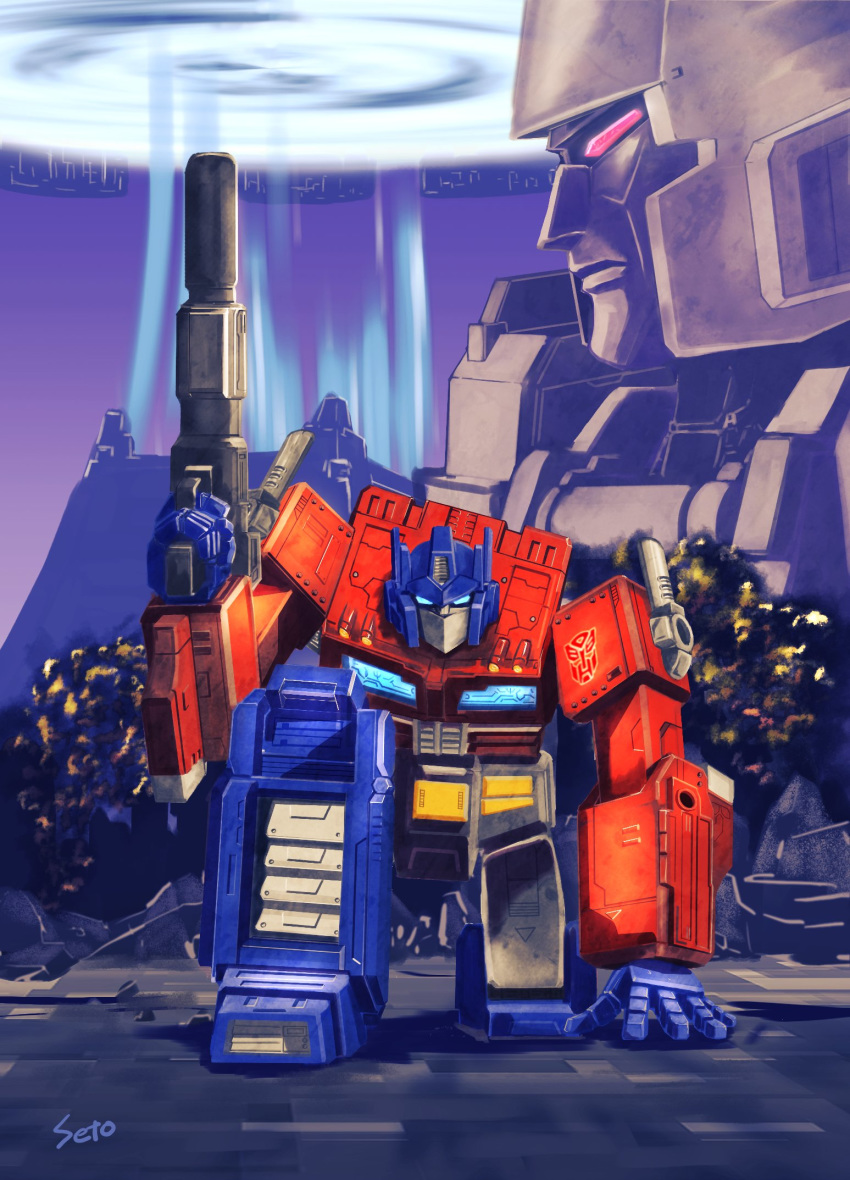 autobot, blue_eyes, decepticon, explosion, gun, hand_on_ground, highres, holding, holding_weapon, mecha, megatron, on_ground, optimus_prime, portal, profile, red_eyes, seto_(atsushi533822), signature, transformers, transformers:_war_for_cybertron_trilogy, weapon