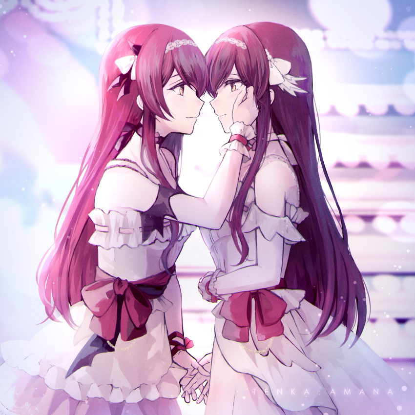 2girls, absurdres, bangs, bare_shoulders, blush, brown_hair, character_name, closed_mouth