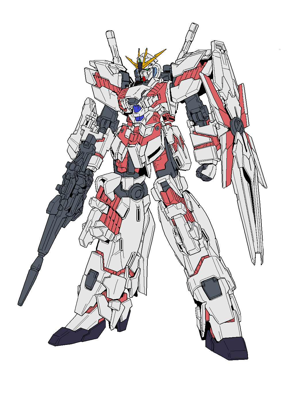 beam_rifle, energy_gun, fusion, gun, gundam, gundam_narrative, gundam_unicorn, highres, holding, holding_gun, holding_weapon, lineart, mecha, narrative_gundam, no_humans, nt-d, shield, shinobufujiwara, solo, standing, unicorn_gundam, v-fin, weapon, white_background