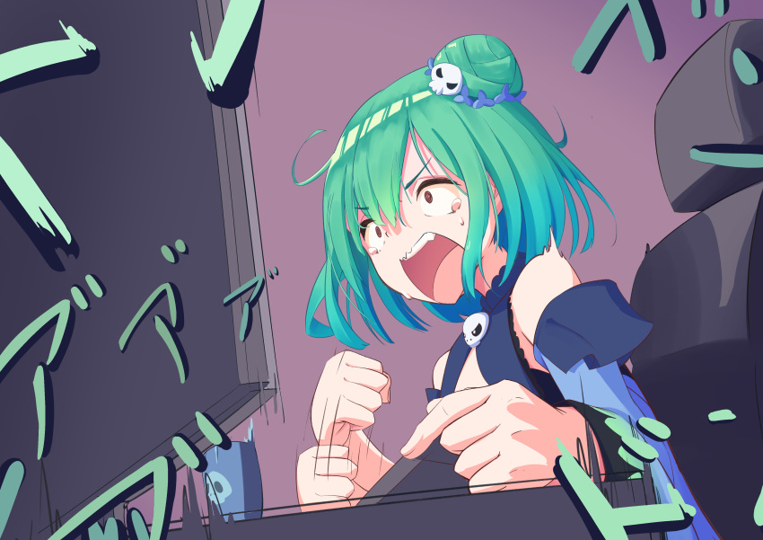1girl, :o, absurdres, anchobi, banging, bangs, chair, clenched_hand, crying, cup, detached_sleeves, green_hair, hair_bun, hair_ornament, highres, hololive, indoors, monitor, shouting, sitting, skull_hair_ornament, solo, tears, uruha_rushia, virtual_youtuber
