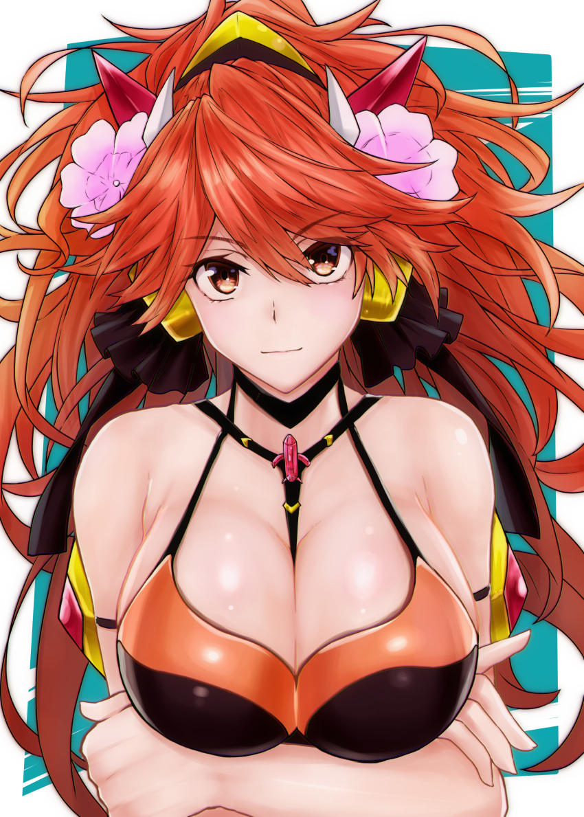 1girl, absurdres, amou_kanade, bikini, bikini_top, breasts, crossed_arms, flower, hair_flower, hair_ornament, highres, large_breasts, long_hair, orange_eyes, orange_hair, senki_zesshou_symphogear, senki_zesshou_symphogear_xd_unlimited, shishin_(shishintei), smile, swimsuit, symphogear_pendant