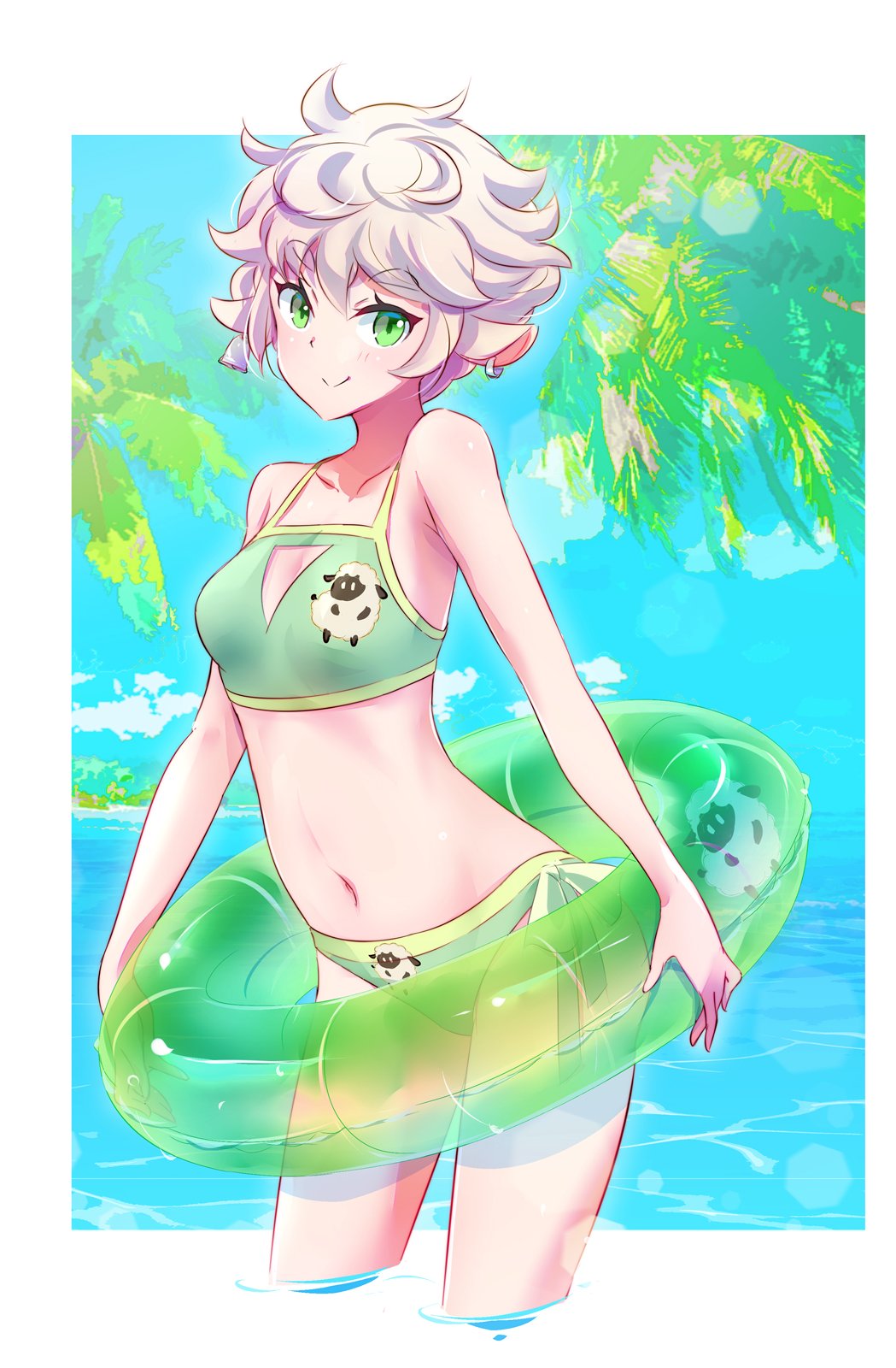 1girl, animal_ears, bare_shoulders, beach, bell, bell_earrings, bikini, earrings