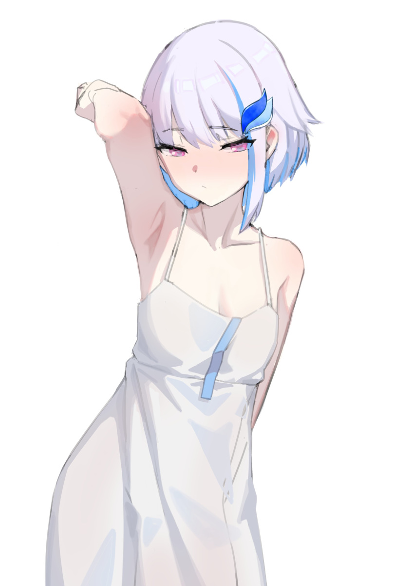 1girl, absurdres, arm_behind_head, arm_up, armpits, bangs, bare_shoulders, blunt_bangs