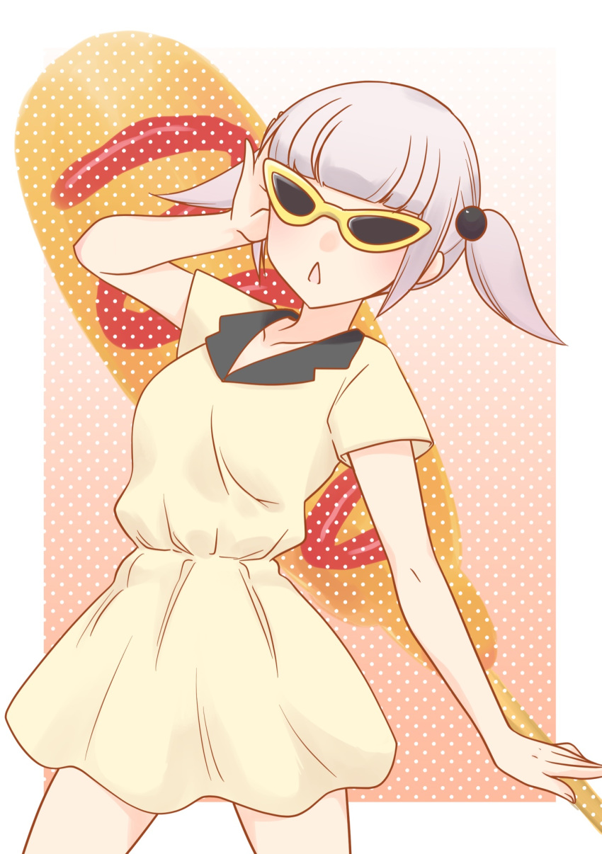 1girl, :<, adjusting_eyewear, bangs, blunt_bangs, border, breasts, casual, dress, food, food_request, futaki_shiki, gradient, gradient_background, grey_hair, hair_bobbles, hair_ornament, highres, hikaru_(ofuton_at5), open_mouth, outside_border, short_hair, small_breasts, solo, standing, sunglasses, two_side_up, watashi_ga_motenai_no_wa_dou_kangaetemo_omaera_ga_warui!, white_border, yellow_dress