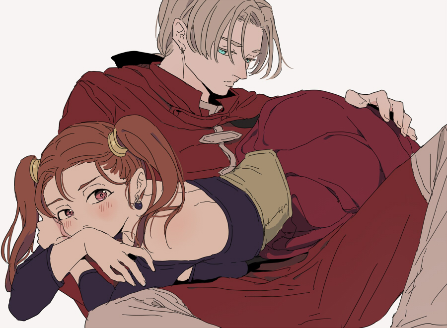 1boy, 1girl, bare_shoulders, breasts, brown_eyes, brown_hair, closed_mouth, dragon_quest