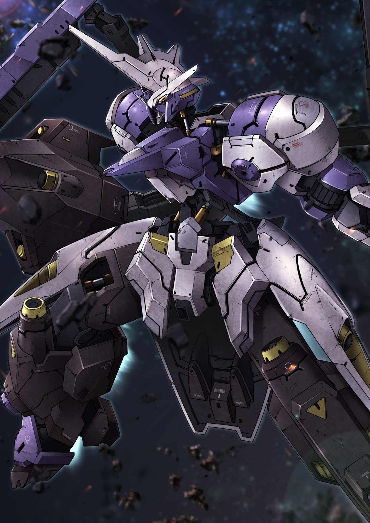 aiyat_@_maotto, blurry, blurry_background, debris, gundam, gundam_kimaris_vidar, gundam_tekketsu_no_orphans, highres