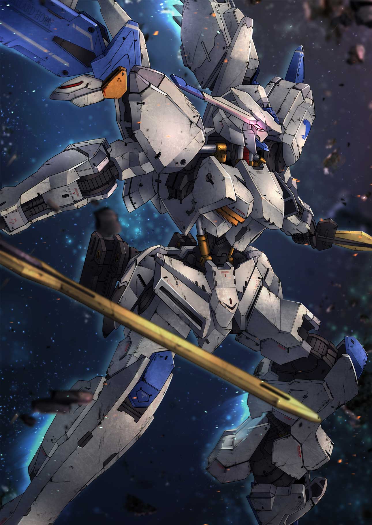 aiyat_@_maotto, blurry, blurry_background, commentary_request, damaged, debris, dual_wielding, glowing