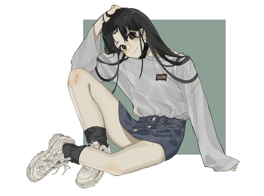 1girl, black_eyes, black_hair, black_legwear, crossed_ankles, denim, denim_skirt, hand_on_own_head, highres, knee_up, looking_at_viewer, original, shirt, shoes, simple_background, sitting, skirt, sleeves_past_wrists, smile, sneakers, socks, un_(un0044), white_footwear