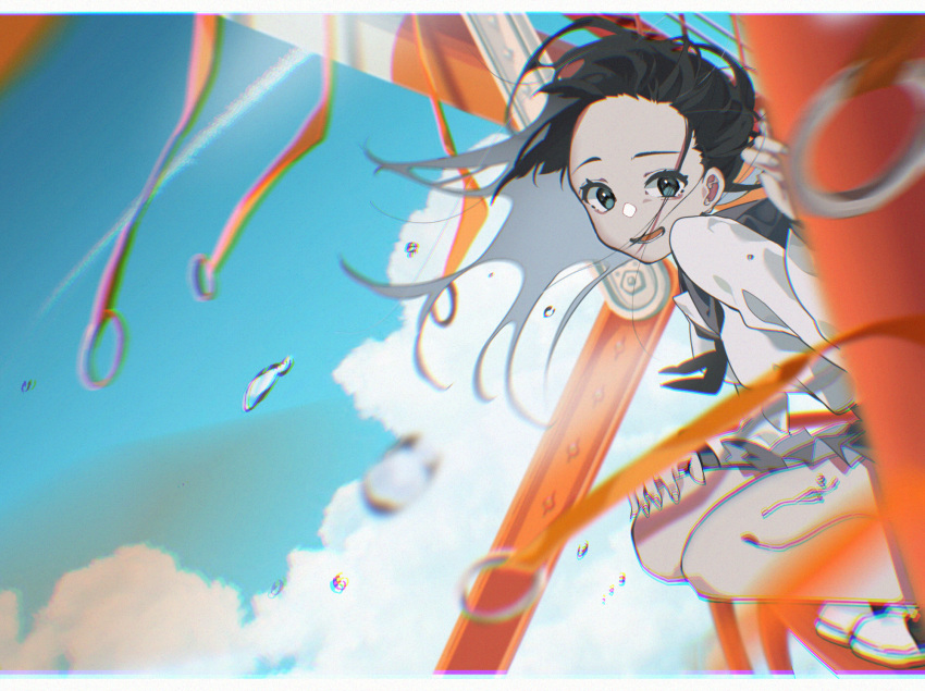 1girl, black_hair, blue_eyes, blue_sky, clouds, day, droplet, highres