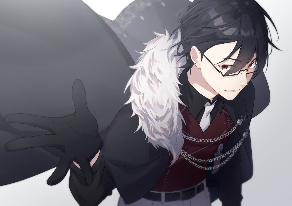 1boy, belt, black-framed_eyewear, black_cape, black_gloves, black_shirt, cape, earrings